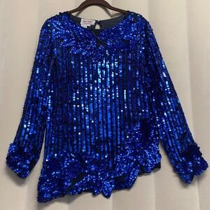 Vintage Three Flaggs Women's Top Small 100% Silk Blue Sequins Asymmetrical 80s